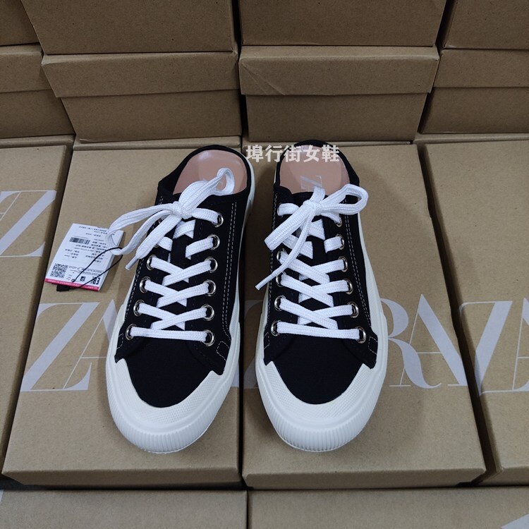 Women's Shoes Sports Canvas Shoes Flat-bottomed Half-drag Toe Cap Straps One-foot Lazy Muller Low Heel Shoes