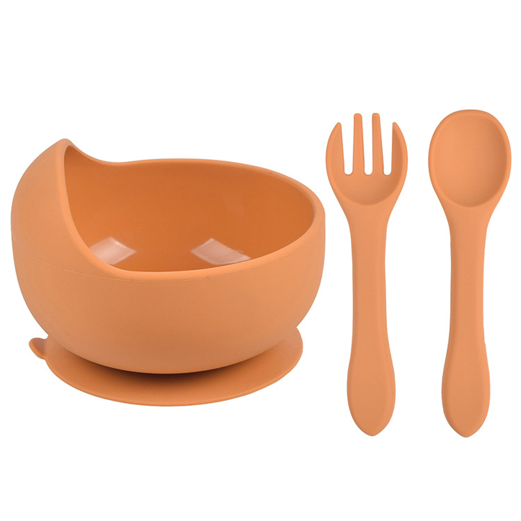 3Pcs Baby Silicone Bowl Spoon Fork Set BPA Free Non-slip Children&#39;s Suction Bowl Handle Silicone Set Food Grade Tableware: Y25