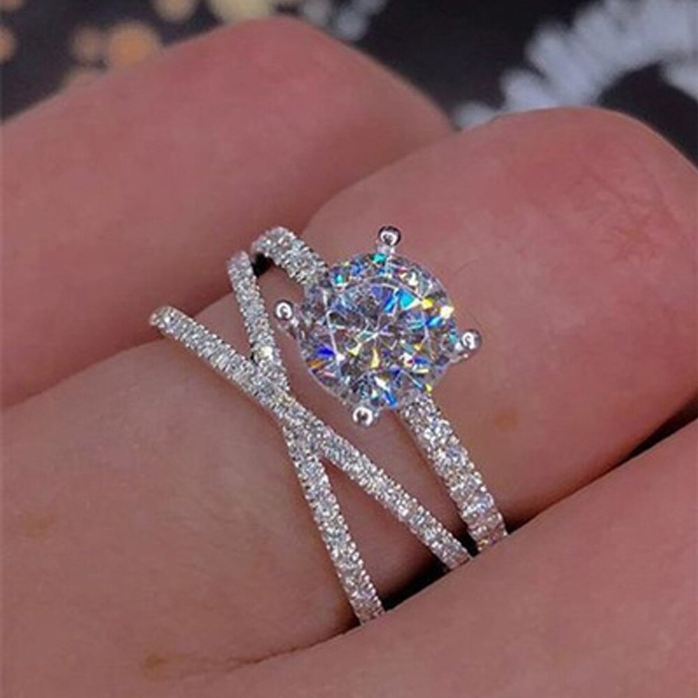 Cross Silver Zircon Engagement Ring For Women Female Rhinestone Wedding Jewelry DIY Decoration