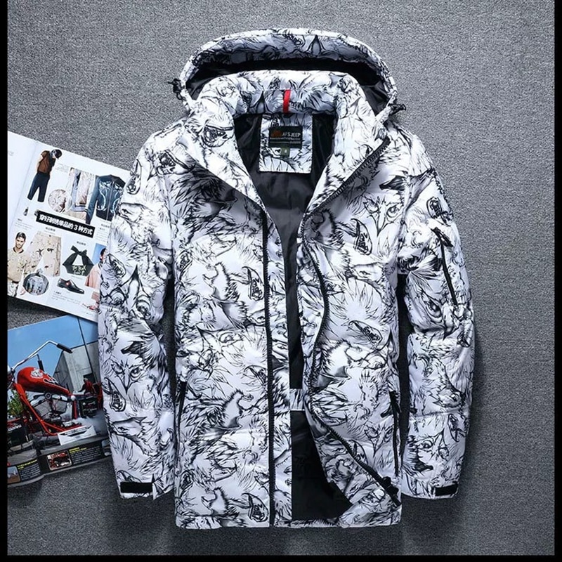Mærke vinter tyk hvid andedun til mænd afslappet dunjakke frakke camouflage dunjakke med hætte hvid sort