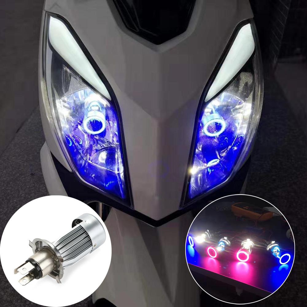 Faro LED de ojo de Ángel para motocicleta, luz de faro LED H4 Ba20d HS1 H6, accesorios DRL de 12/24V, azul/rosa