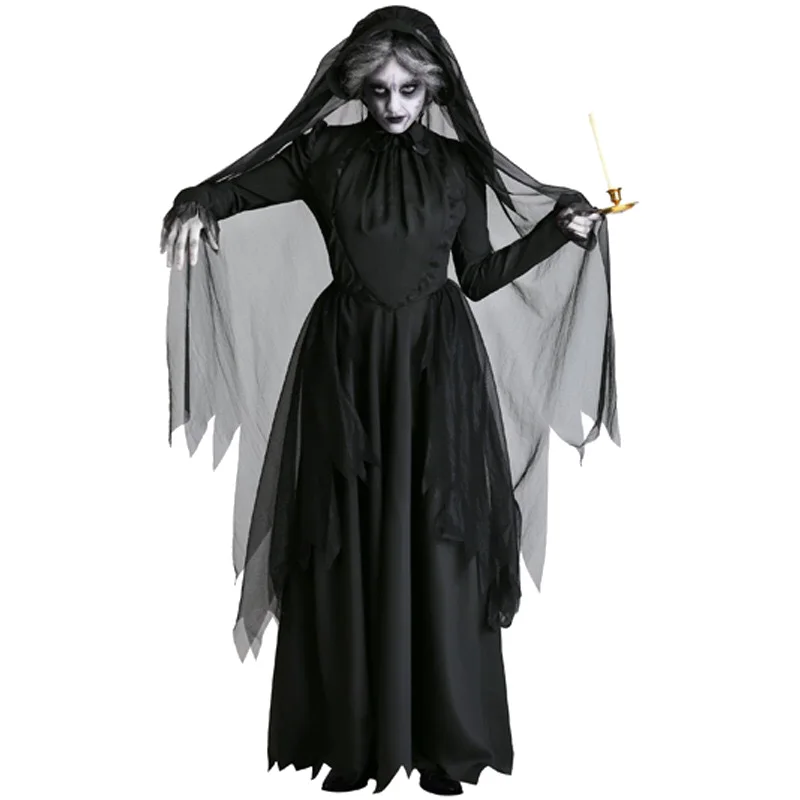 Cosplay horror strega donna spaventoso zombie vampiro halloween carnevale costume spettrale fantasma medievale mantello con cappuccio giorno dei morti: S / Blu
