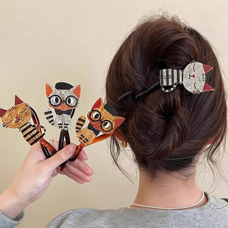 Bonita pinza de pelo acrílica con de gato de dibujos animados para mujeres y niñas, soporte para cabello largo, pasador, horquilla, accesorios de para el cabello