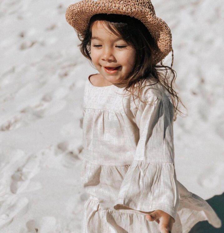 Vestido de lino y algodón liso para niña, Vestido de manga larga, de princesa, vestidos largos hasta la rodilla, primavera