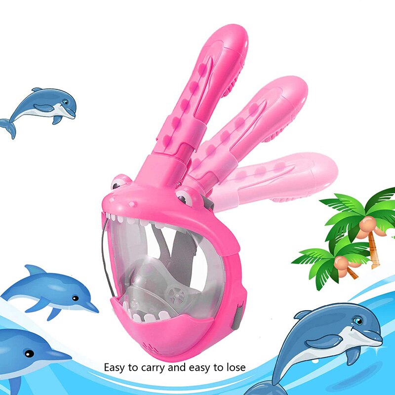 Hel ansikts barn snorkel mask vikbar 180 graders panoramautsikt snorkling mask anti dimma anti läckage snorkel: Rosa