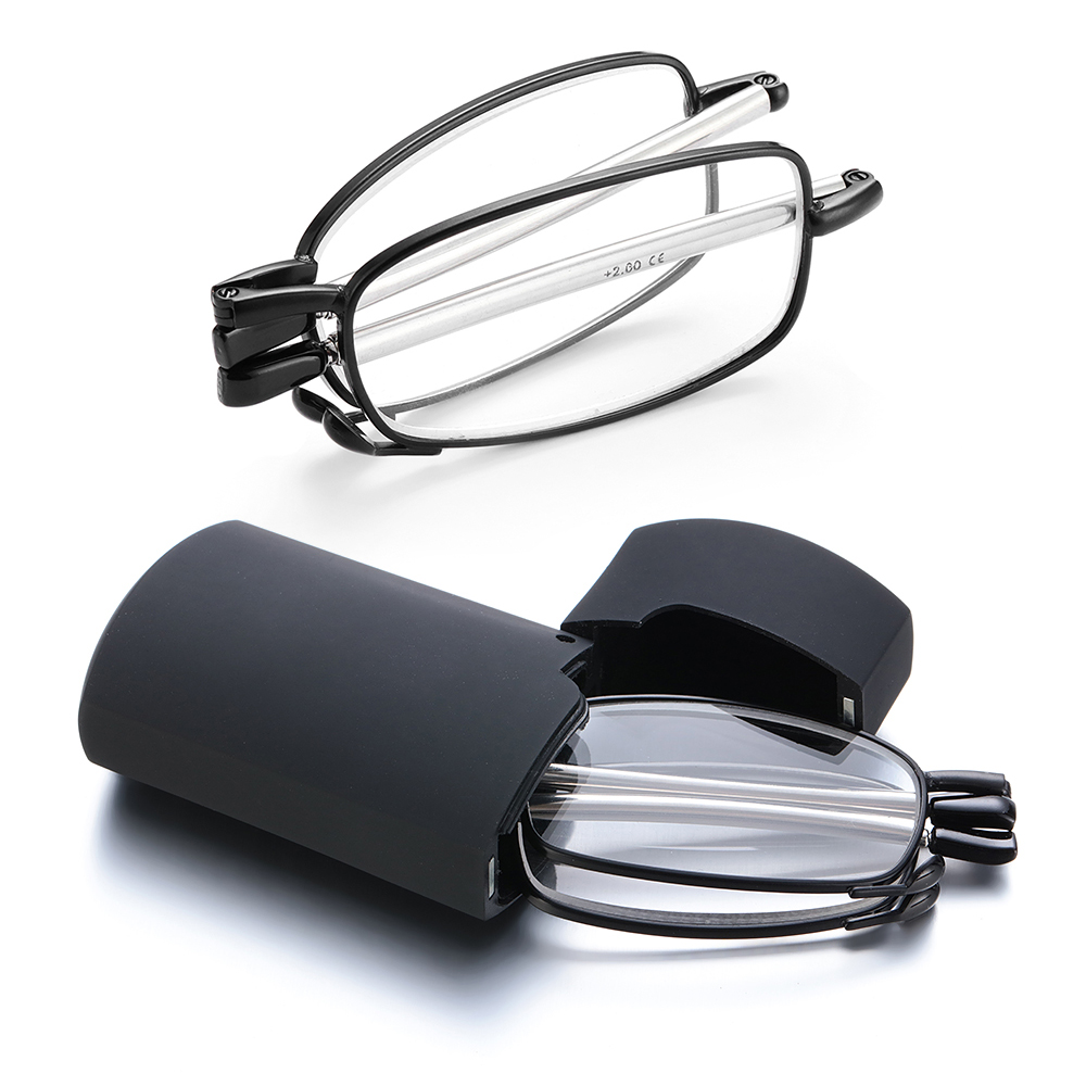 1PC Folding Reading Glasses Women With Case Portable Metal Telescopic Rotation High-definition Men Presbyopia Eyeglasses+1.0~4.0: black / +400