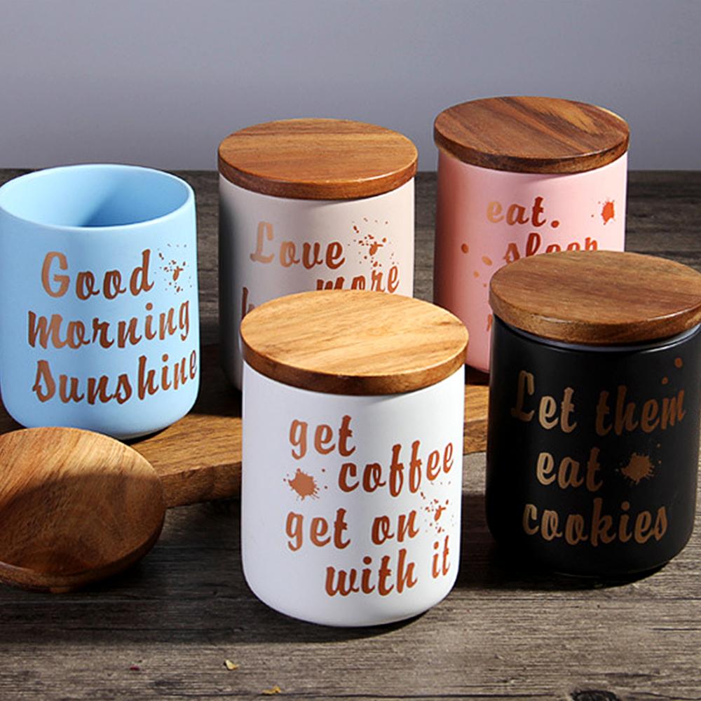 Nordic Style Ceramic Storage Bottle Jar For Spices Wood Lid Cans Kitchen Coffee Tea Candy Cane Container Cans For Storage Box