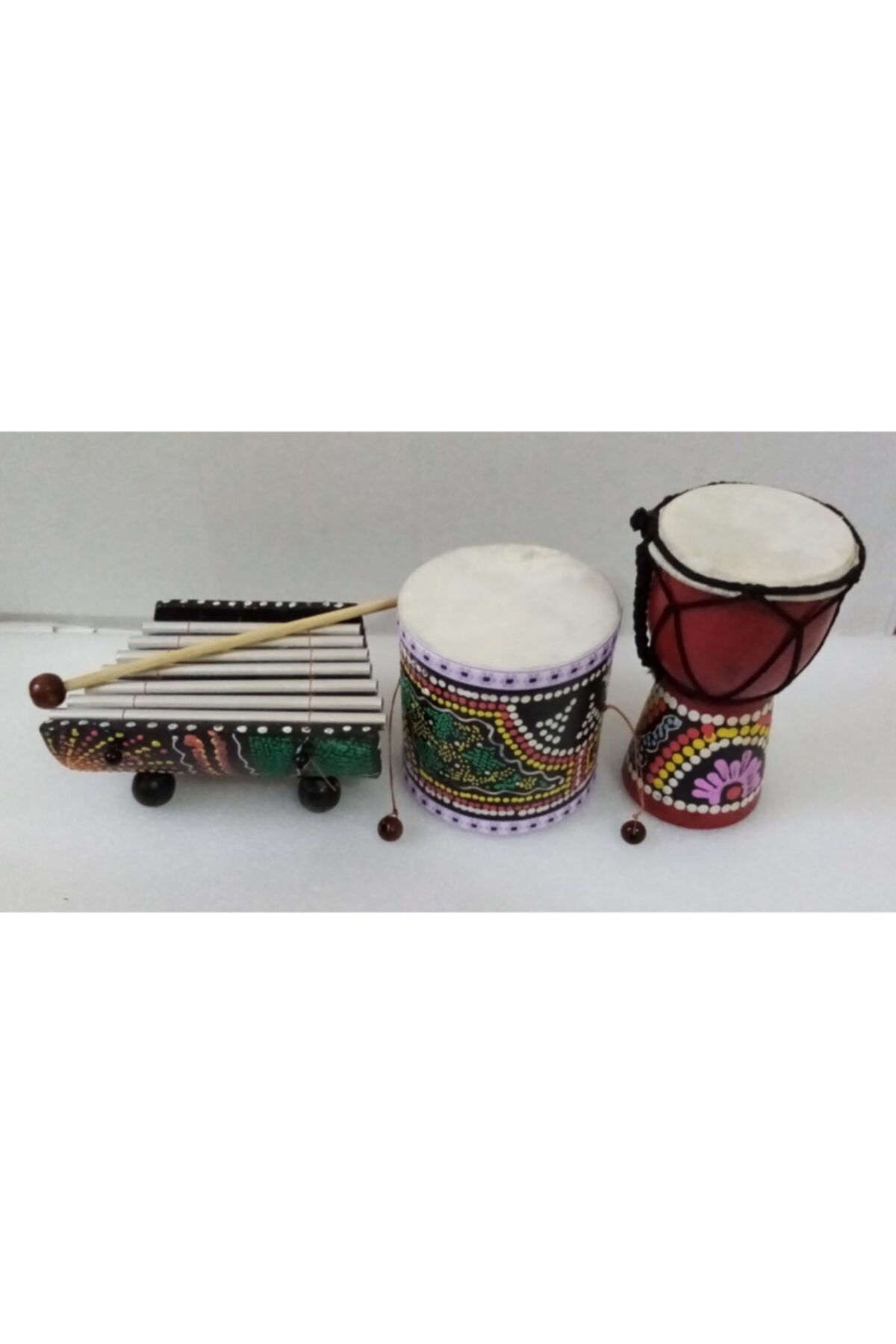 Aboriginal 6 Piece Wooden Musical Instruments Set, arbuka dimensions: 15x10 cm. Metalafon 15x9 cm. Drum 10x10 cm.