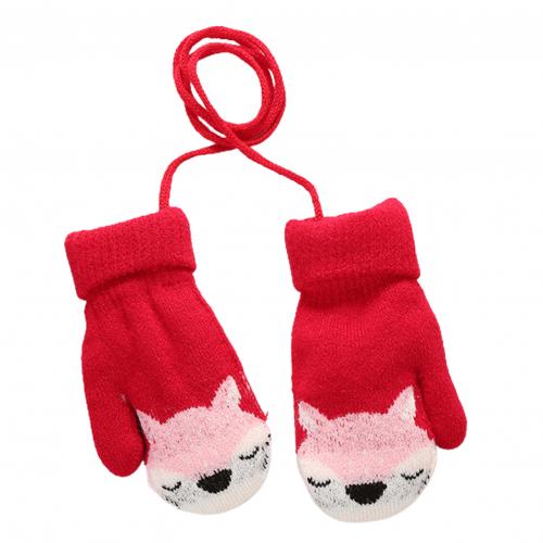 Kinderen winter dikke warme schattige cartoon vos dubbellaags gebreide handschoenen wanten met touw hang handschoenen aan kindernek: Rood