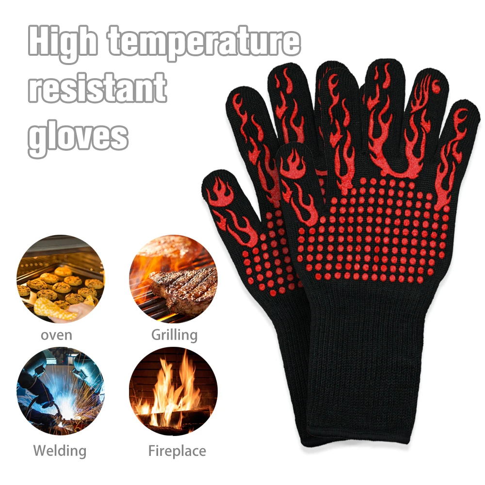 Hochtemperaturbeständige Grillhandschuhe, wärmeisolierende Kamin-Grillhandschuhe, Verbrühschutz-Ofenhandschuh für Höhle Backgrill in der Küche