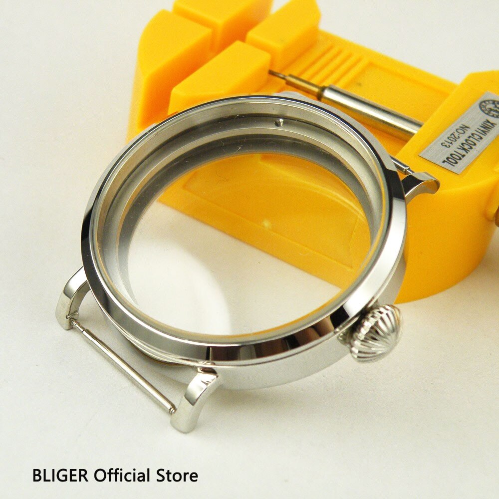 Bliger 46mm Gepolijst Roestvrij Staal Zilveren Horloge Case Voor 6497 6498 Hand Winding Beweging Mineraal Glas heren horloge Case