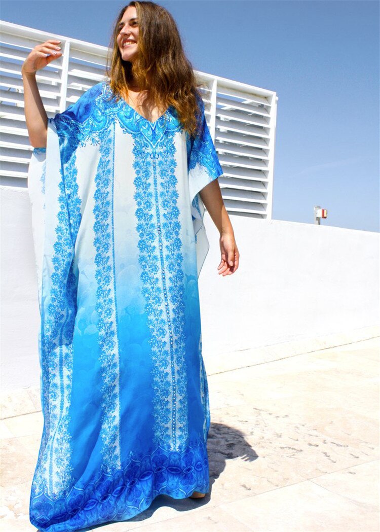 Bohemian Beach Dress Women Sea Blue Printed Kaftan Robe Maxi Bikini Cover Up Cotton Tunic Oversize Batwing Sleeve Swim Suit