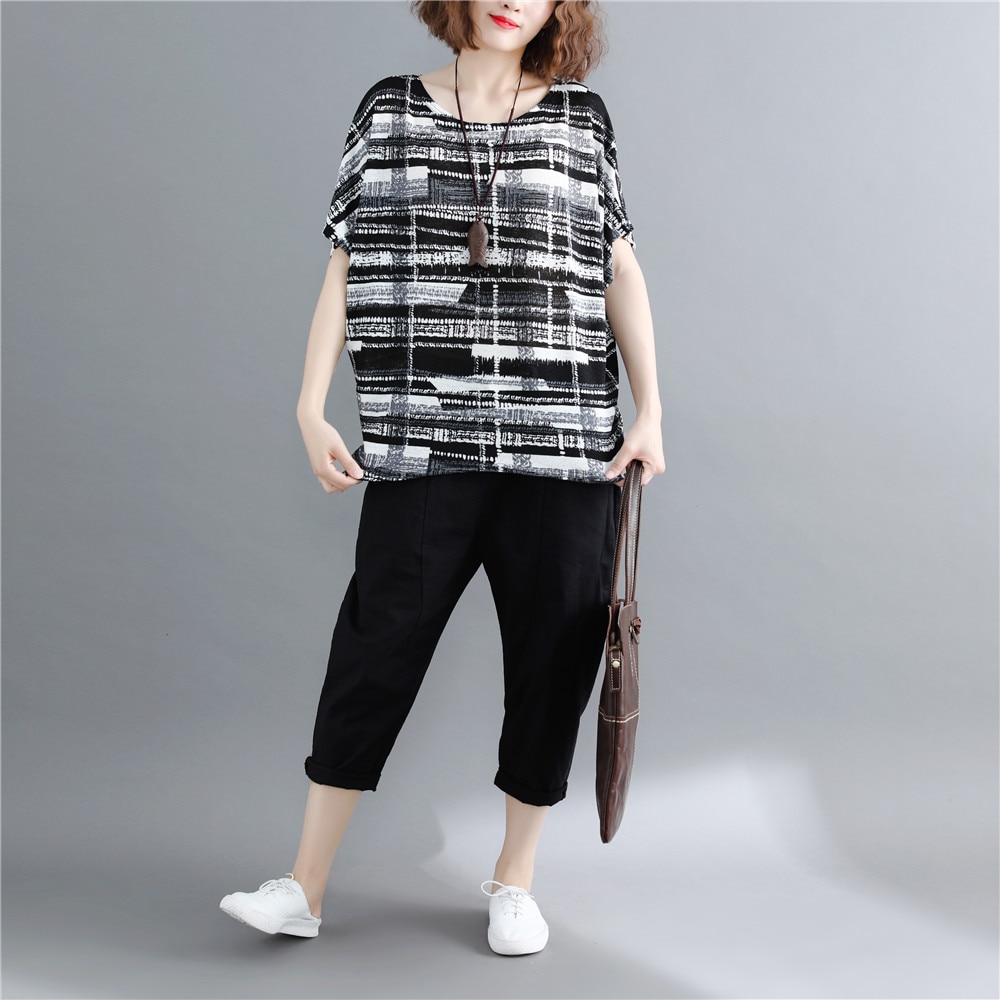 Plus Size Vrouwen Blouse Overhemd Batwing Mouw Zomer Tops Vrouwelijke Blouses Print Zwart Gestreepte Blouse Vrouwen Shirt Blusas 0275 40
