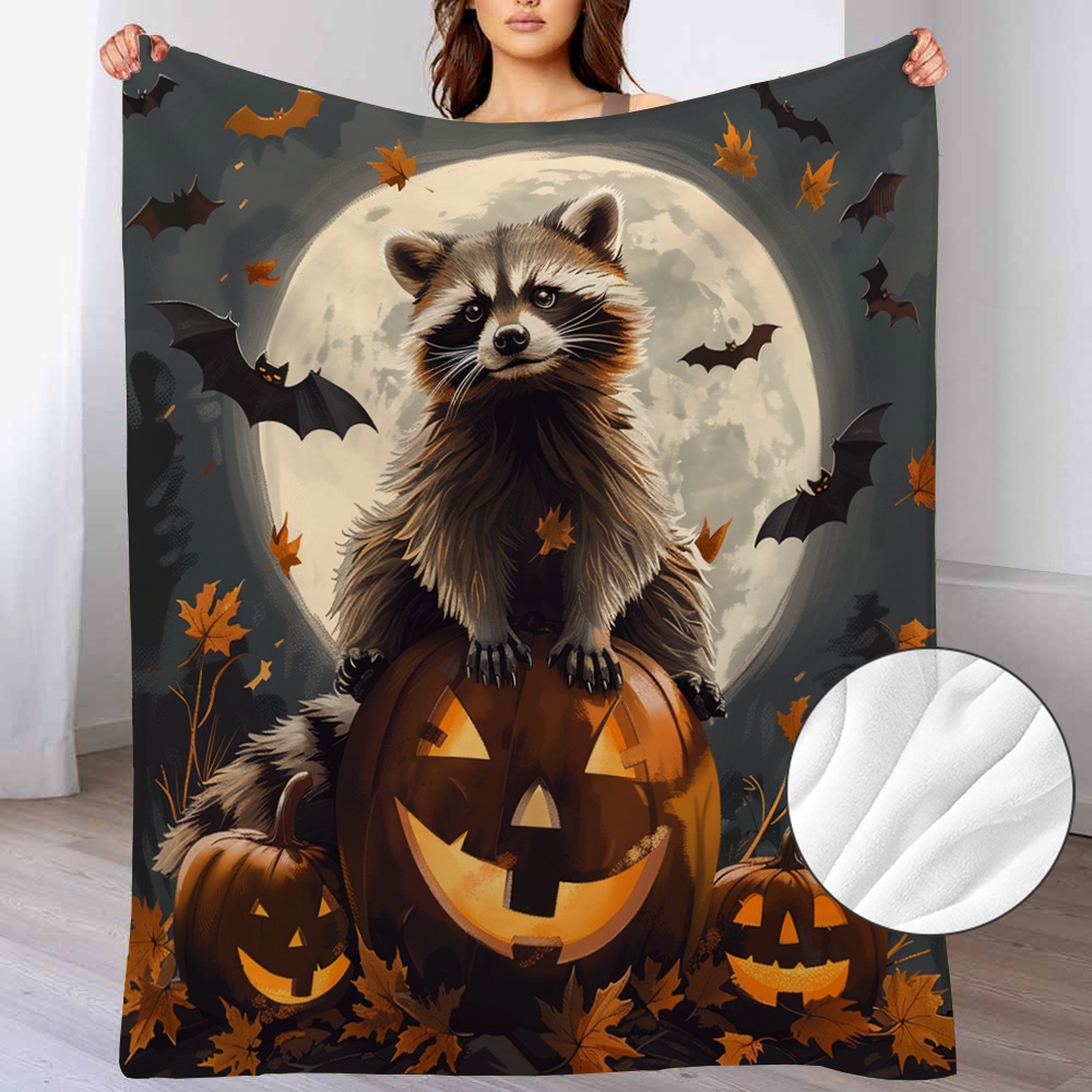 Żywy wyświetlacz | Przytulny koc polarowy na Halloween z szopem i nietoperzem żart idealnym jesienno-zimowym prezentem dla nastolatków i dorosłych.