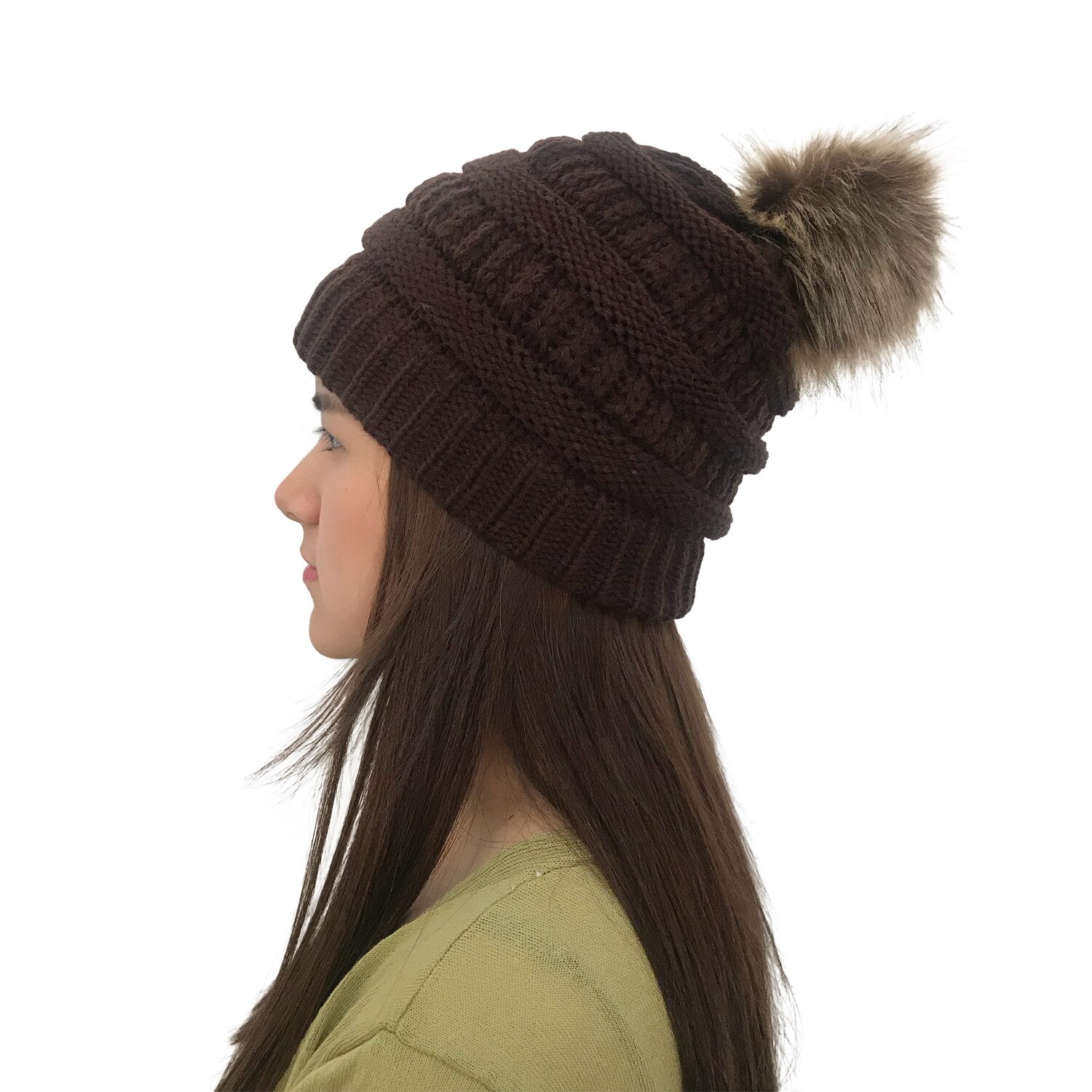 Casual mössor bubbelstickad unisex dam baggy beanie pom hatt dam vinter varm virkad stickad skidmössa hästsvans vanlig: E