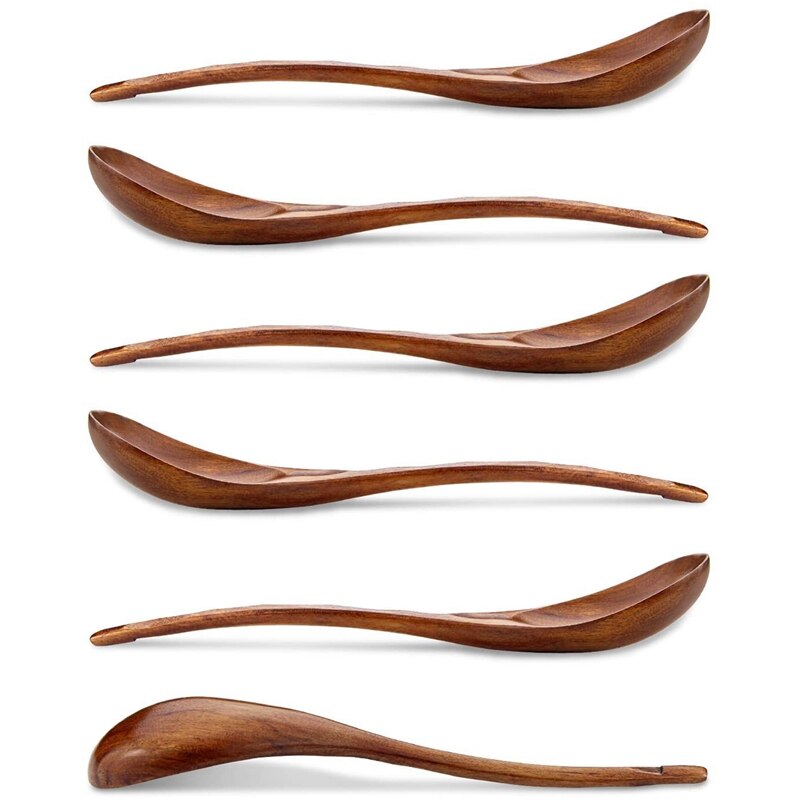 Houten Soep Lepels, 6 Stuks 7.84 Inch Japanse Ramen Lepels Ronde Nanmu Hout Lange Handvat Kids Rijst Dessert Donkerbruin: Default Title