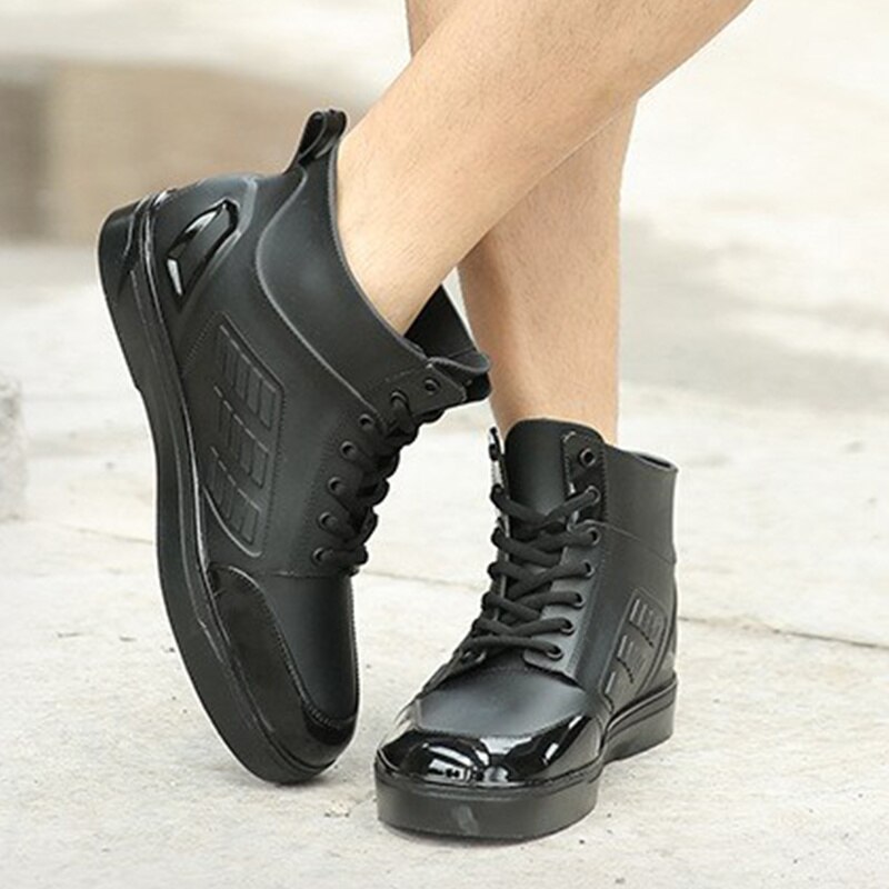 Men's Rainboots Waterproof Rain Shoes Men Rain Boy Water Shoes Rubber Black Ankle Boots Lace-Up Shoes for Mens Boots