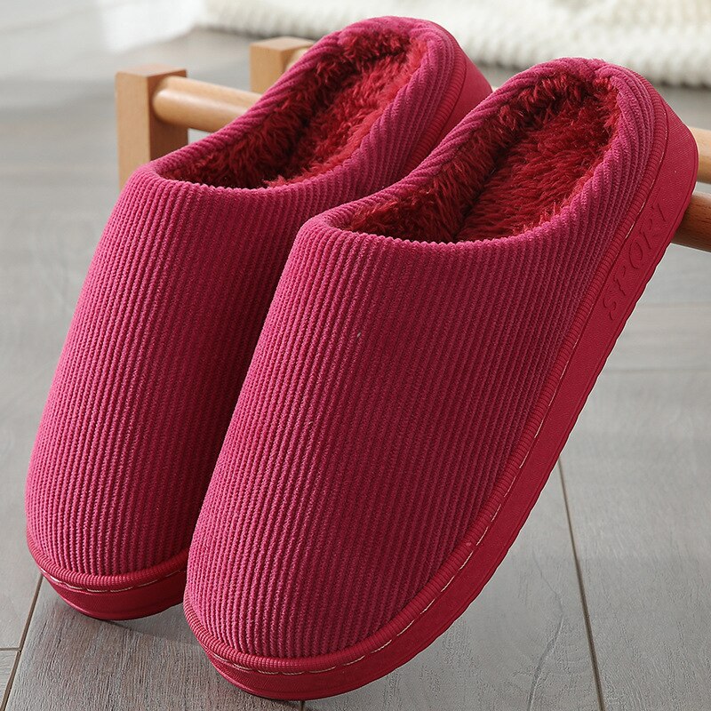 Mannen Slippers Gestreepte Corduroy Unisex Indoor Schoenen Herfst Winter Warm Vrouwen Slippers Memory Foam Huishoudelijke Non Slip Schoenen: Rood / 36-37