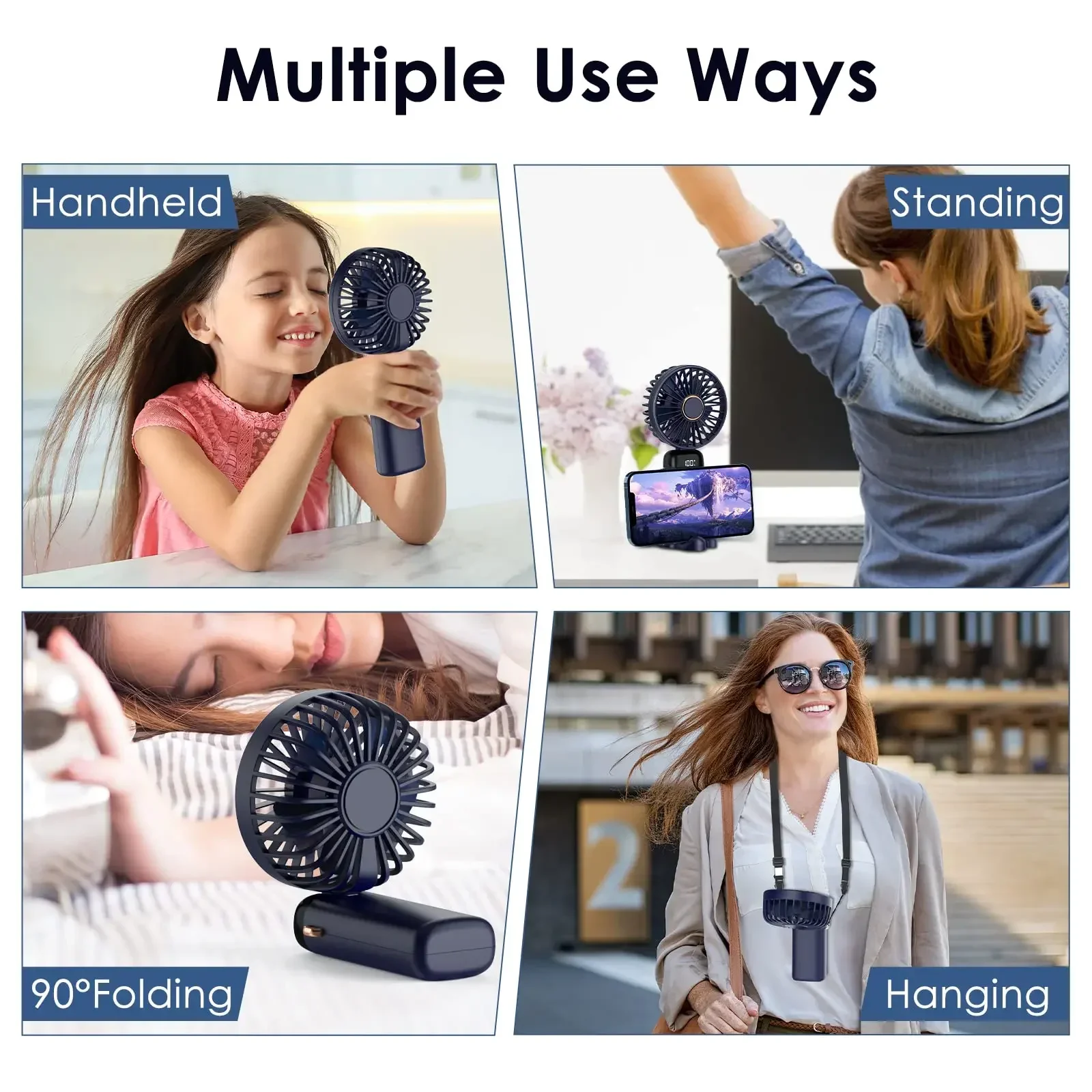 Ventilador Portátil 5000mAh Recargable 90 ° Mini aire acondicionado plegable de 5 velocidades, ventilador pequeño, enfriador de aire con pantalla digital LED
