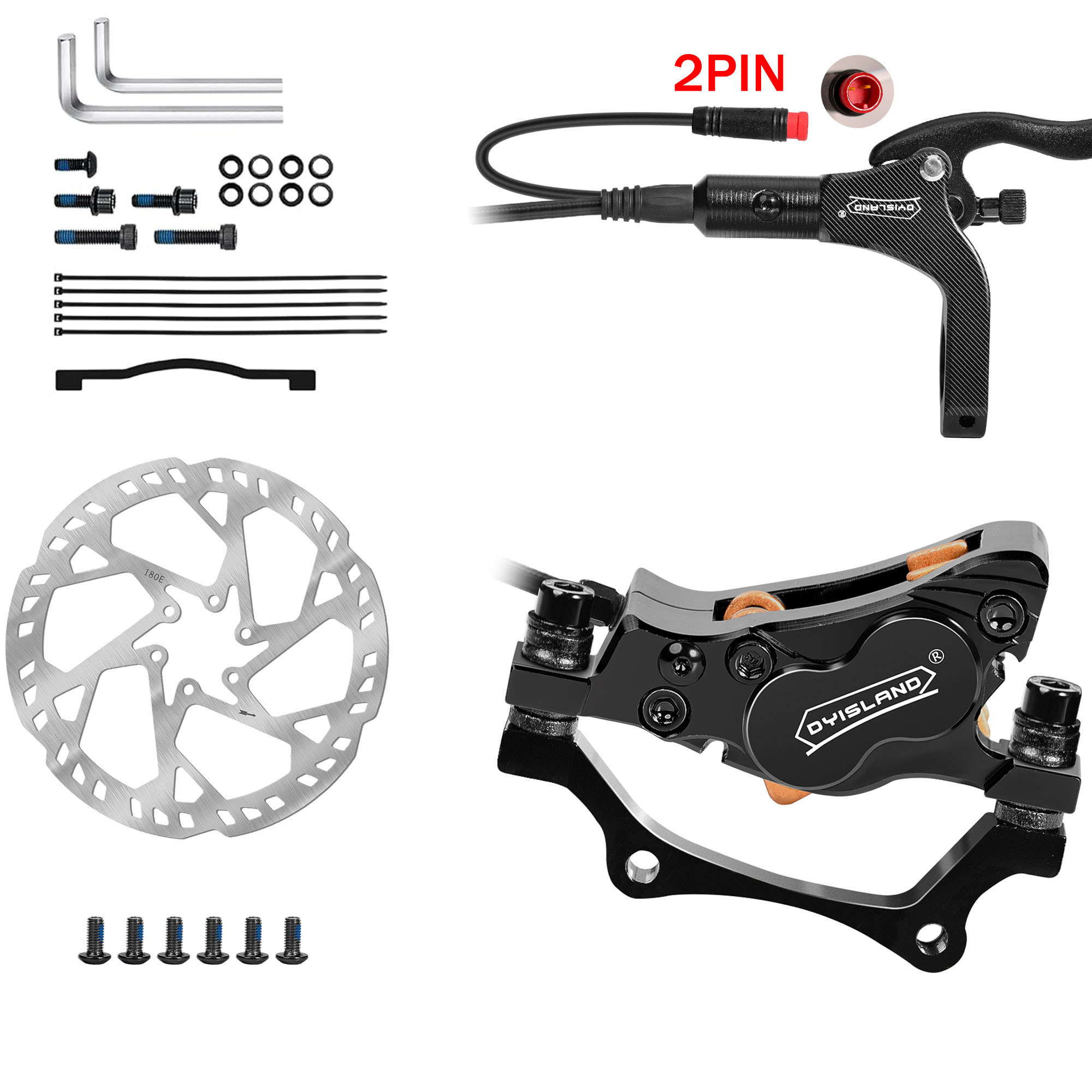 DYISLAND 4-Kolben-E-Bike, hydraulische Scheibenbremse, rechts hinten, Einzelsatz oder links vorne, Einzelsatz mit 180 mm 2,3 mm Rotor: Black