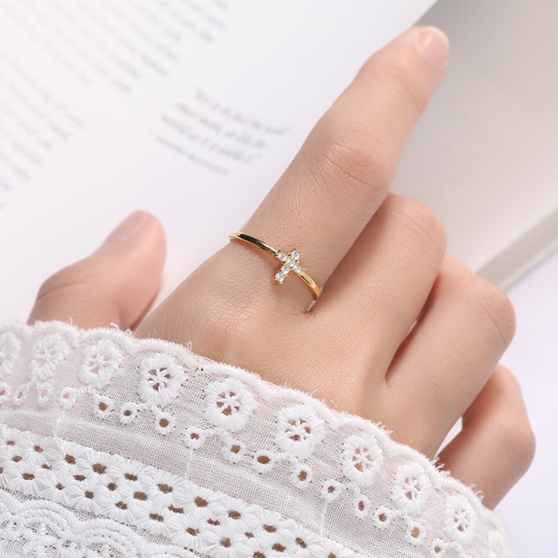 Peri'sBox CZ Stone Cross Ring 925 Sterling Silver Stackable Rings for Women Minimalist Gold Ring Dainty Jewelry Adjustable