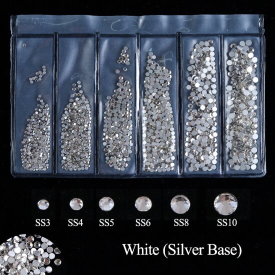 1440 stk blanding størrelse hvit ab sjarm spiker rhinestones 3d spiker Kunst dekorasjoner krystaller måke strass perler edelstener steiner  tr1049: Hvit sølv utgangspunkt