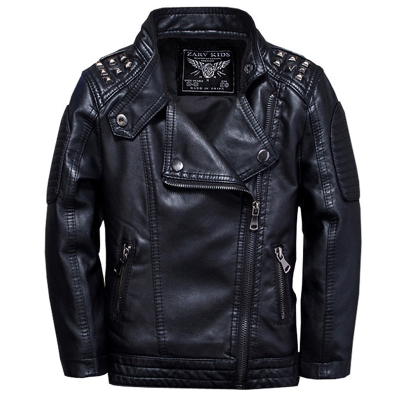 Jongens PU Jas Kinderen Lente Herfst Mode Jas Metalen Klinknagel Decoratie Stand Kraag Winddicht Warm Jongens Jas Jas Kids Top