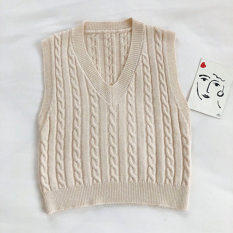 Gagarich Vest Women Autumn Korean Style Solid Color All-match Retro Pattern Knitted Slim V-neck Sleeveless Top Casual