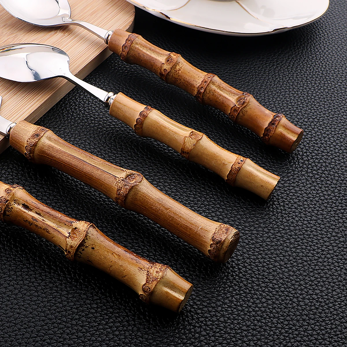 16 Stuks Natuur Bamboe Handvat Bestek Rvs Servies Sets Mes Vork Lepel Puur Natuurlijke Bamboe Servies Set
