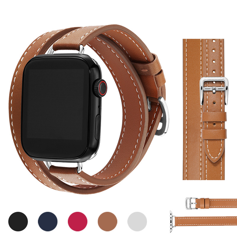 Läderarmband för apple watch-band ultra 2 49mm 40mm 41mm double tour 45mm 42mm 44mm för iwatch-serien 9 8 7 6 se 5 4 3 26 38mm
