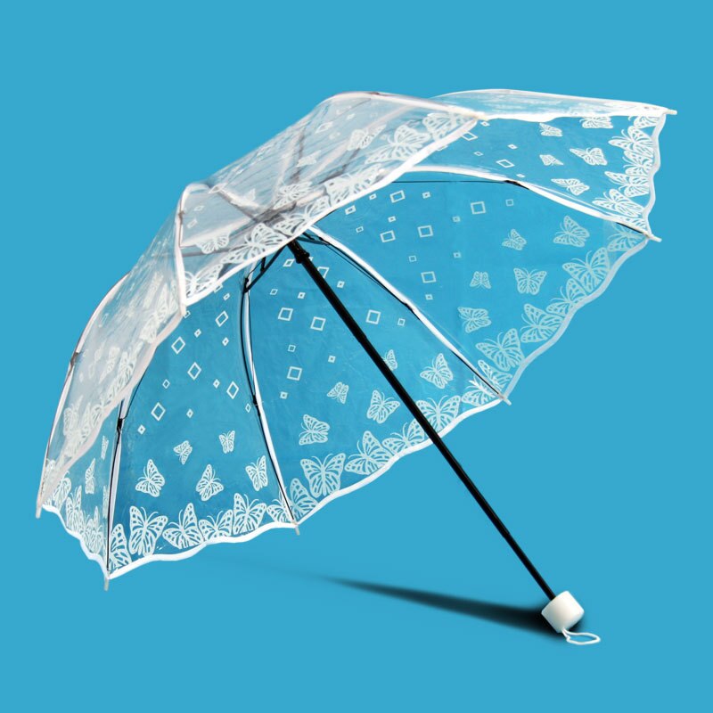 Gennemsigtig plast pvc sommerfugl rose blomst solrig regnfuld paraply tre foldende paraply