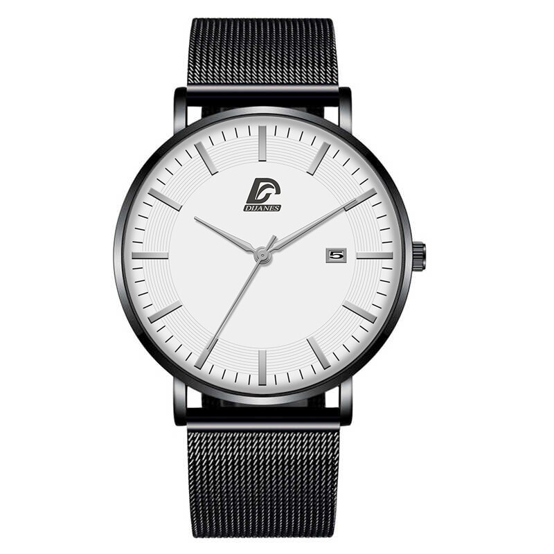 Dijanes miesten business minimalistiset kellot ultraohut ruostumaton teräsverkko vyö analoginen kvartsi rannekello reloj hombre: Mesh musta hopea