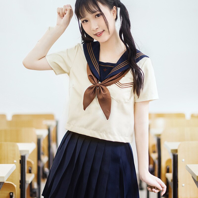 Japanese School Uniforms Sailor Suit Jk Uniforms College Middle School Uniform for Girls Students Light Yellow Costume
