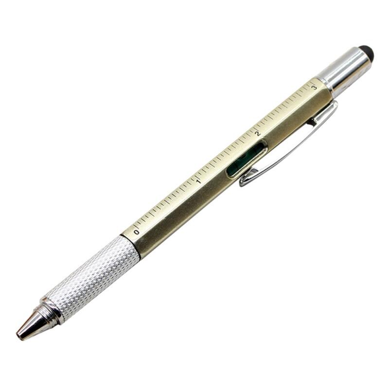 Bolígrafo destornillador de pluma todo en uno, regla nivel de burbuja con herramienta de escala superior, bolígrafo multifunción, papelería para escuela y oficina: Golden
