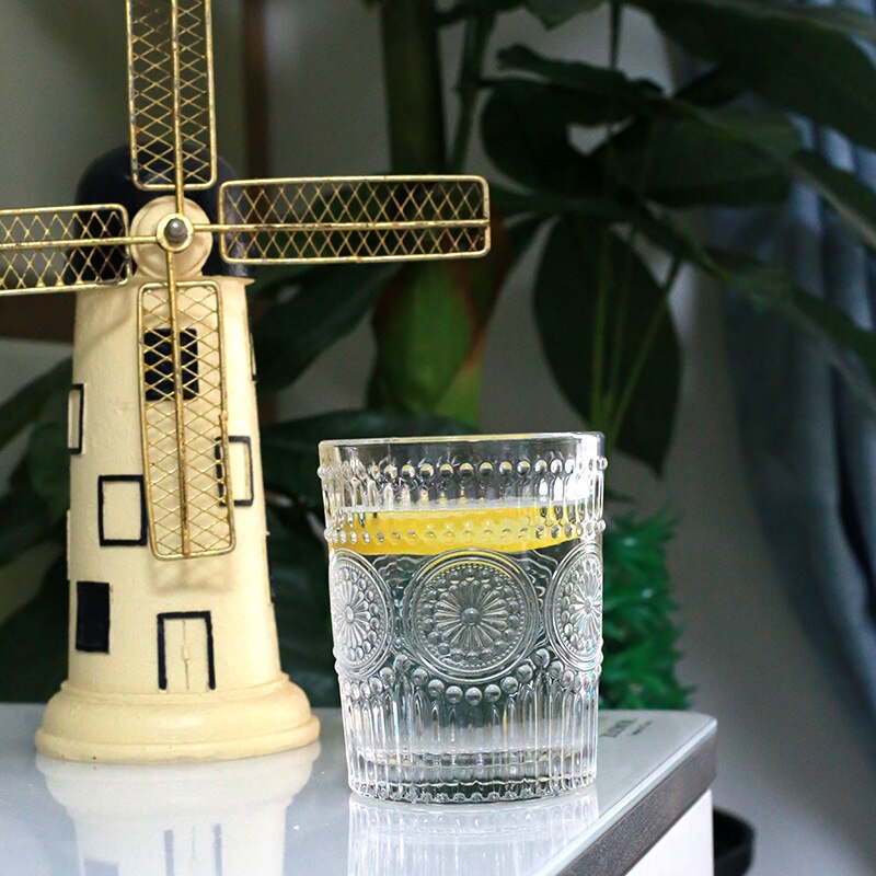 Nordisk retro relief solblomst glas vandglas vin juice mælk morgenmad guld indrammet glas