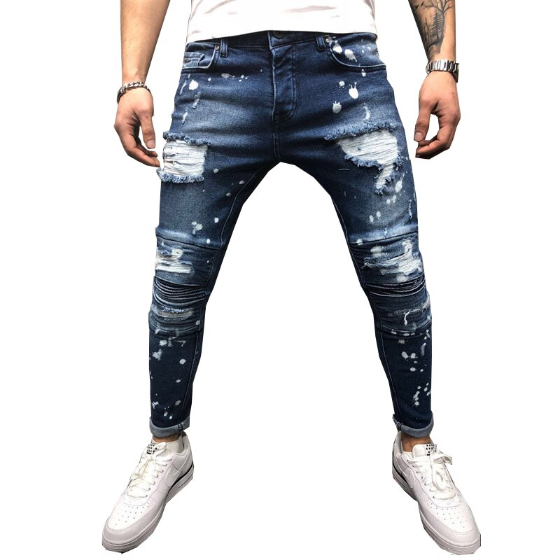 Plus Size Men Paint Point Ankle Zipper Skinny Denim Long Pants Hole Hip Hop Stretch Destroyed Ripped Jeans
