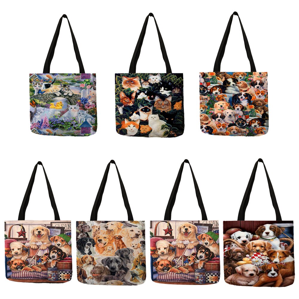 Linnen Praktische Shopping Handtas 3D Kat Golden Retriever Patroon Schoudertassen Vrouwelijke Strand Bakken Bolsas Feminina