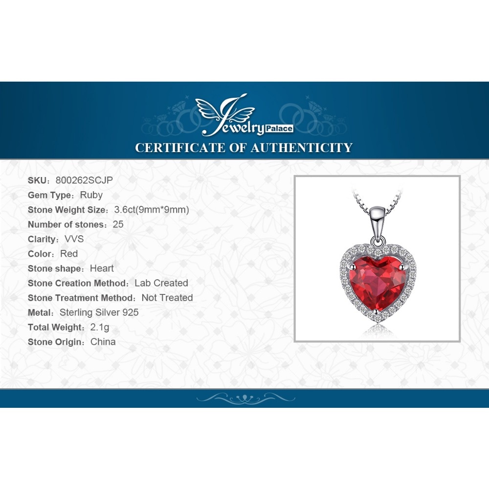 JPalace Heart Created Red Ruby Pendant Necklace 925 Sterling Silver Gemstones Choker Statement Necklace Women Without Chain