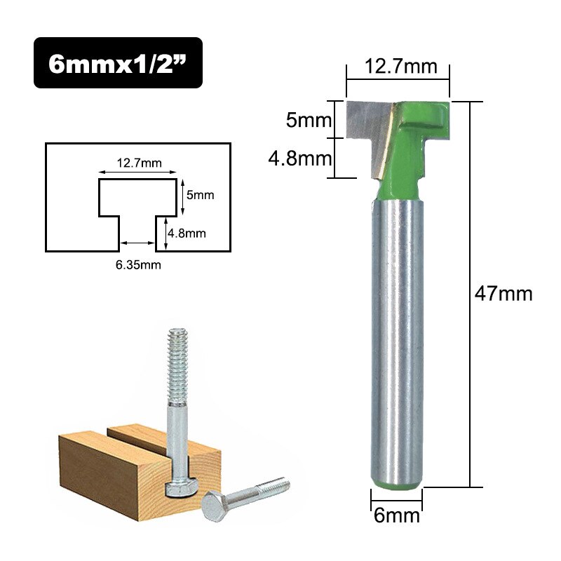 1 Pc 1/4 "Of 6 Mm Schacht T-Slot Cutter Router Bit Set Hex Bolt Sleutel Gat Bits T Slotting Frees Voor Hout Houtbewerking: 6.35mm Shank / 1pc 12.7mm