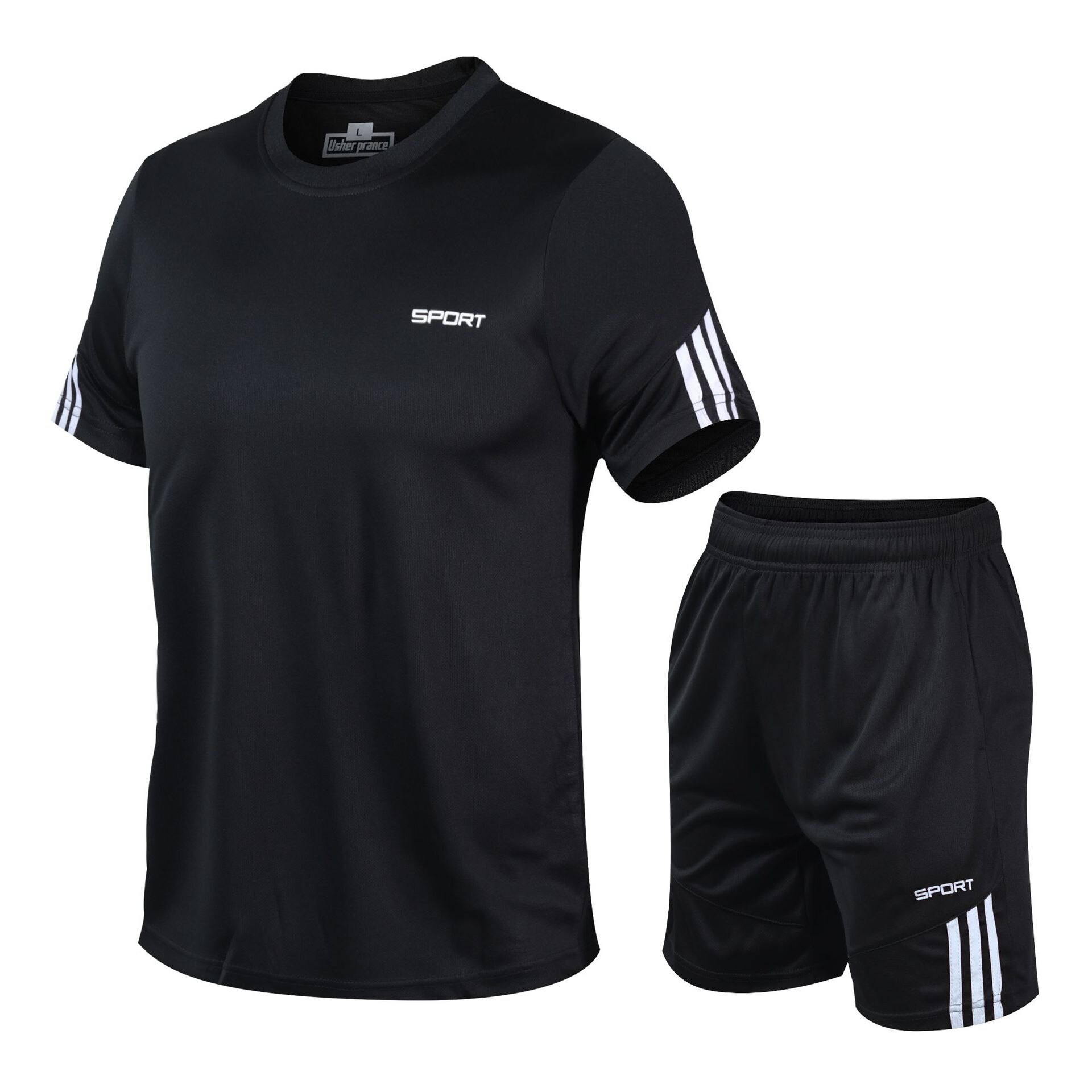 Sports suit men's summer running clothes gym training quick-drying leisure outdoor clothes for middle-aged and elderly people: Black / L