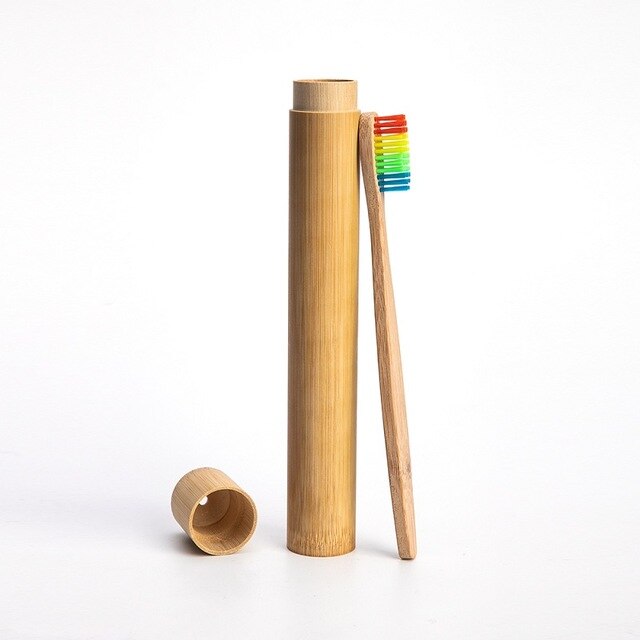 1pc regnbuetandbørster  +1pc bambusrør miljøvenlig naturlig bambus tandbørste rejsetaske blød hovedtænder børste 2pc pakninger: Regnbue og rør