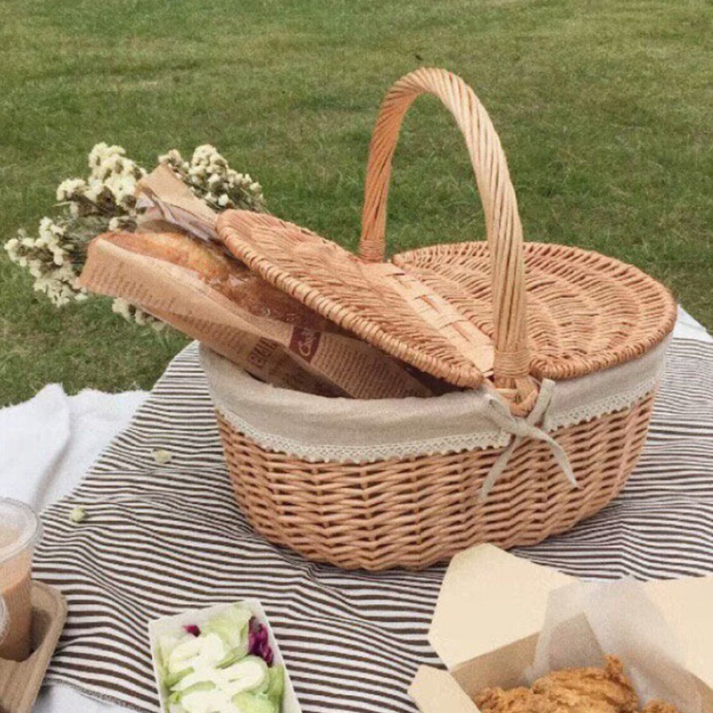 Picknickkorg för frukt, påsk, hushållssnacksbehållare, rottingkorg med lock, multifunktionell rottingkorg, hemleverans