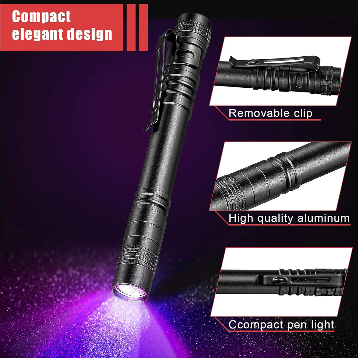 Torche ultraviolette de lampe de poche UV 365nm avec clip à stylo manuel a mené des lampes de poche portables Torches 395nm 365 Nm Nuit d'empreintes digitales