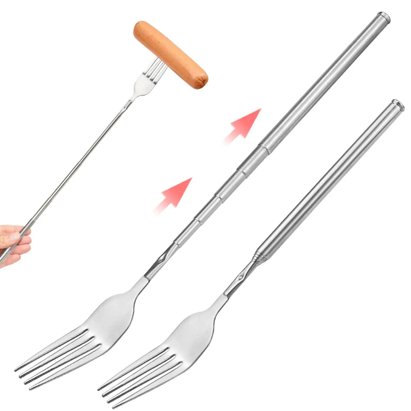 retro Gabel BBQ Teleskop Ausziehbare Abendessen Obst Nachtisch Lange Griff Gabel Edelstahl Besteck Gabel Geschirr Bento Kasten
