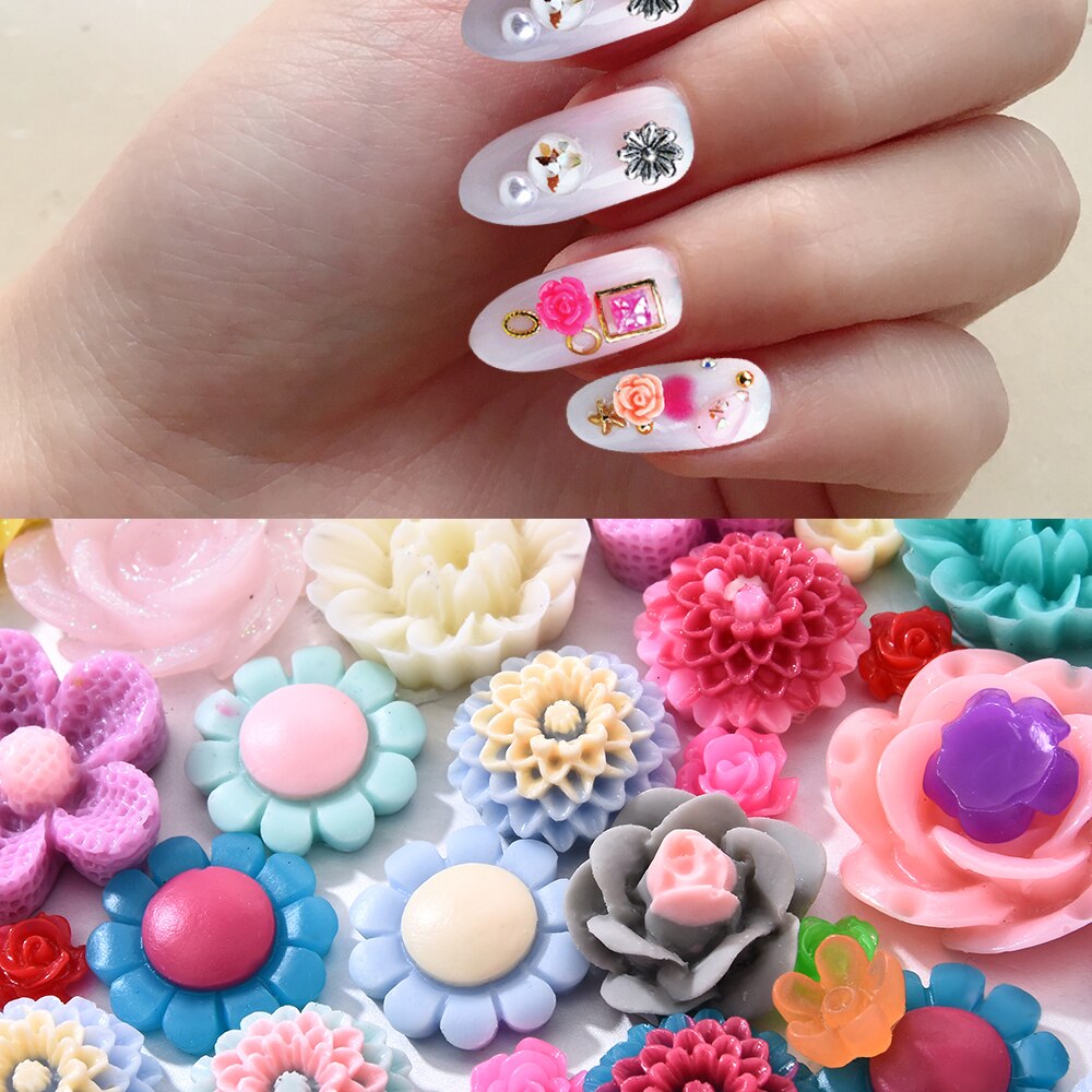 50 stuks willekeurige gemengde kleuren harskralen rozenbloem platte achterkant versiering cabochons knutselen diy 3d voor nagelkunst decoraties