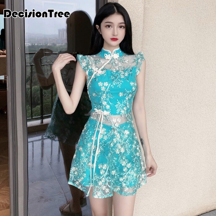 Chinese Feestjurk + Broek Set Cheongsam Bloemenprint Halter Hollow Out Qipao Sexy Chinese Jurk Vestidos Oosterse Jurk