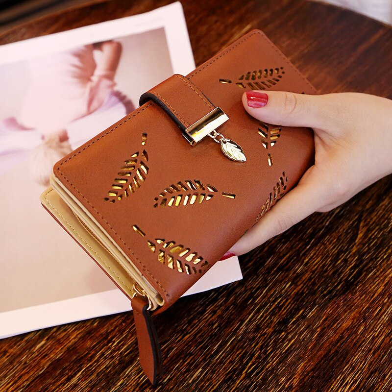 Women Wallet PU Leather Purse Female Long Wallet Gold Hollow Leaves Pouch Handbag For Women Coin Purse Card Holders Clutch: Coffee-1