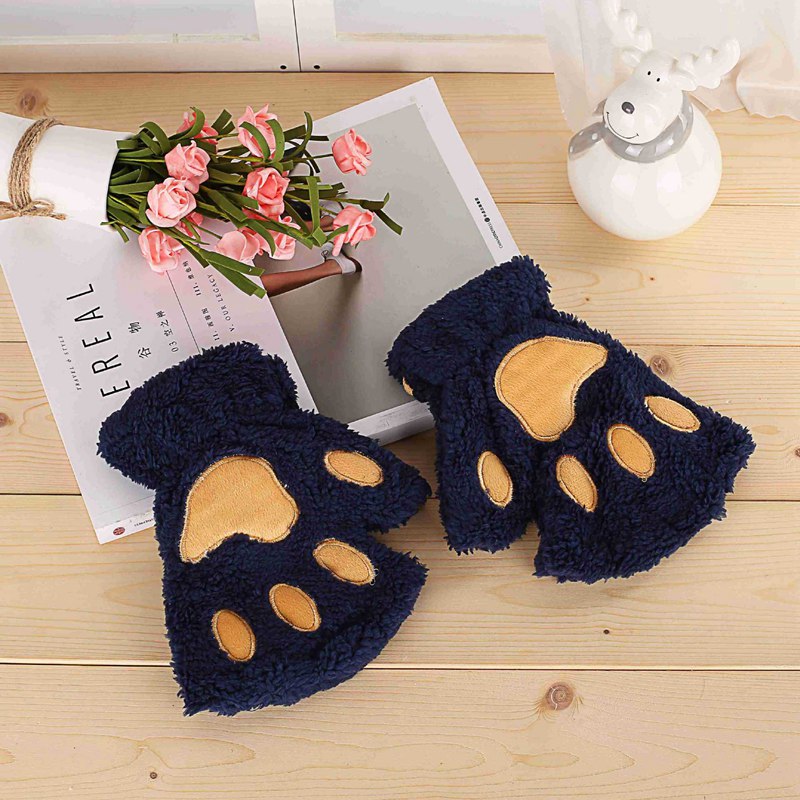 Gants à griffes de chat de dessin animé pour femmes, peluche épaisse, joli Style patte d'ours, doigts exposés, mitaines demi-hiver, gants chauds pour filles: Marine Bleu