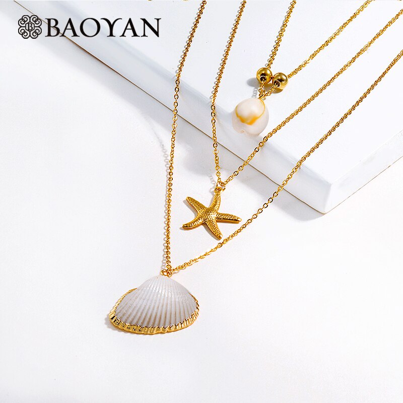 BAOYAN Boho Multi Gelaagde Rvs Kettingen Gouden Zeester Seashell Hanger Kettingen Wit Natuurlijke Shell Kettingen Vrouwen