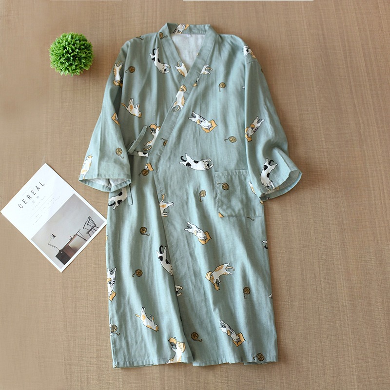 Albornoz de hombre para ducha, camisón de algodón para primavera y verano, Kimono para parejas, pijamas Yukata, cárdigan, bata a rayas, ropa de dormir para el hogar: L / Verde